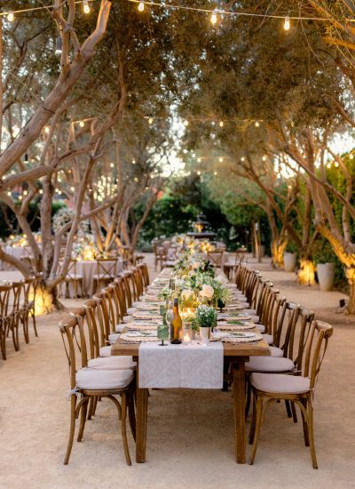 Elegant long dining table with flowers and candles under string lights among trees